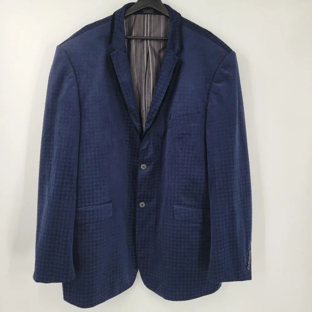 Stacy Adams Mens 4X Blue Houndstooth Dinner Jacket Black Velvet Trim Blazer